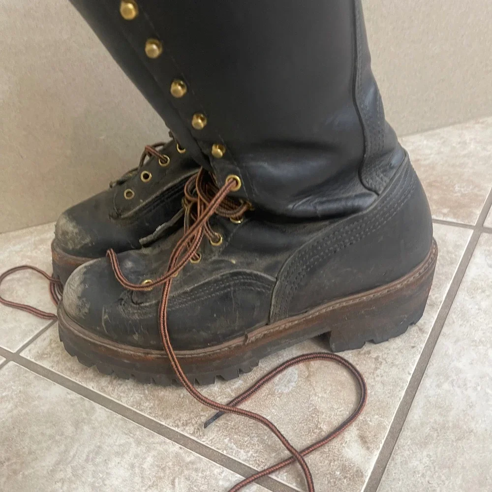 Hoffman lineman Boots Mens Black Leather Tall Logger Work boots size 9.5D